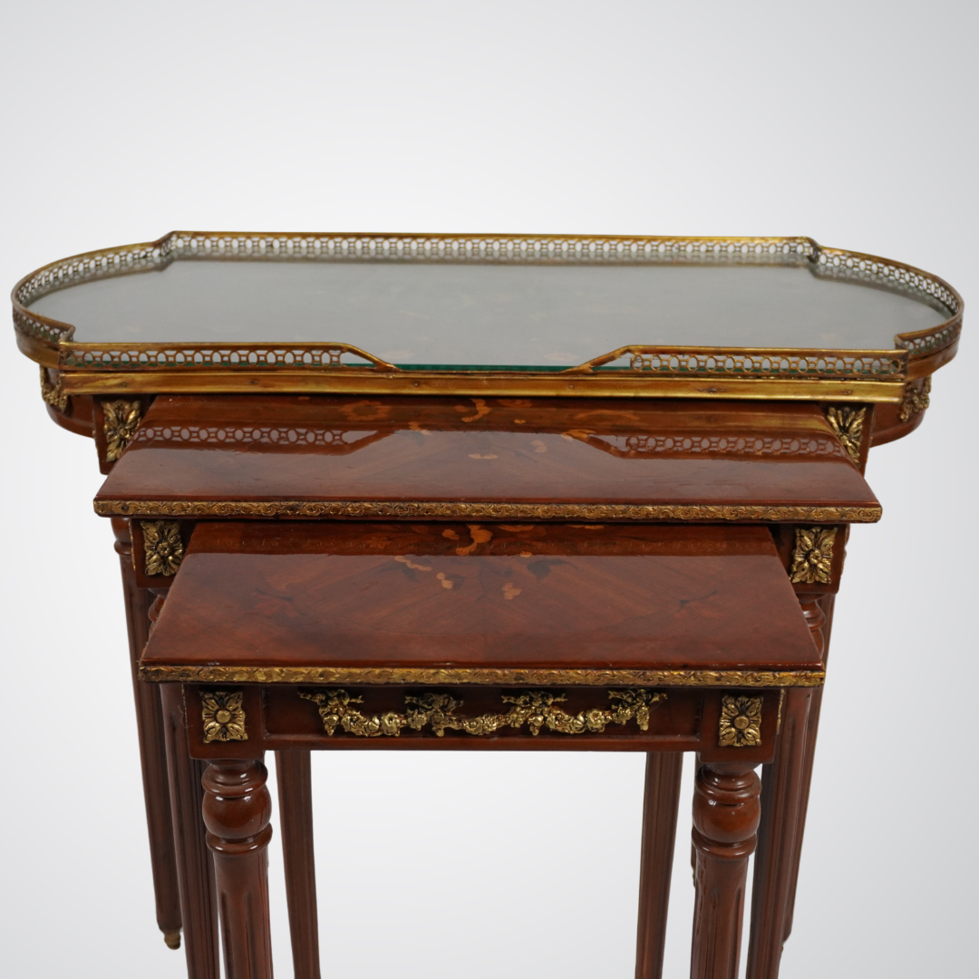 Elegant French Empire Style Nesting Tables with Marquetry and Ormolu Detailing