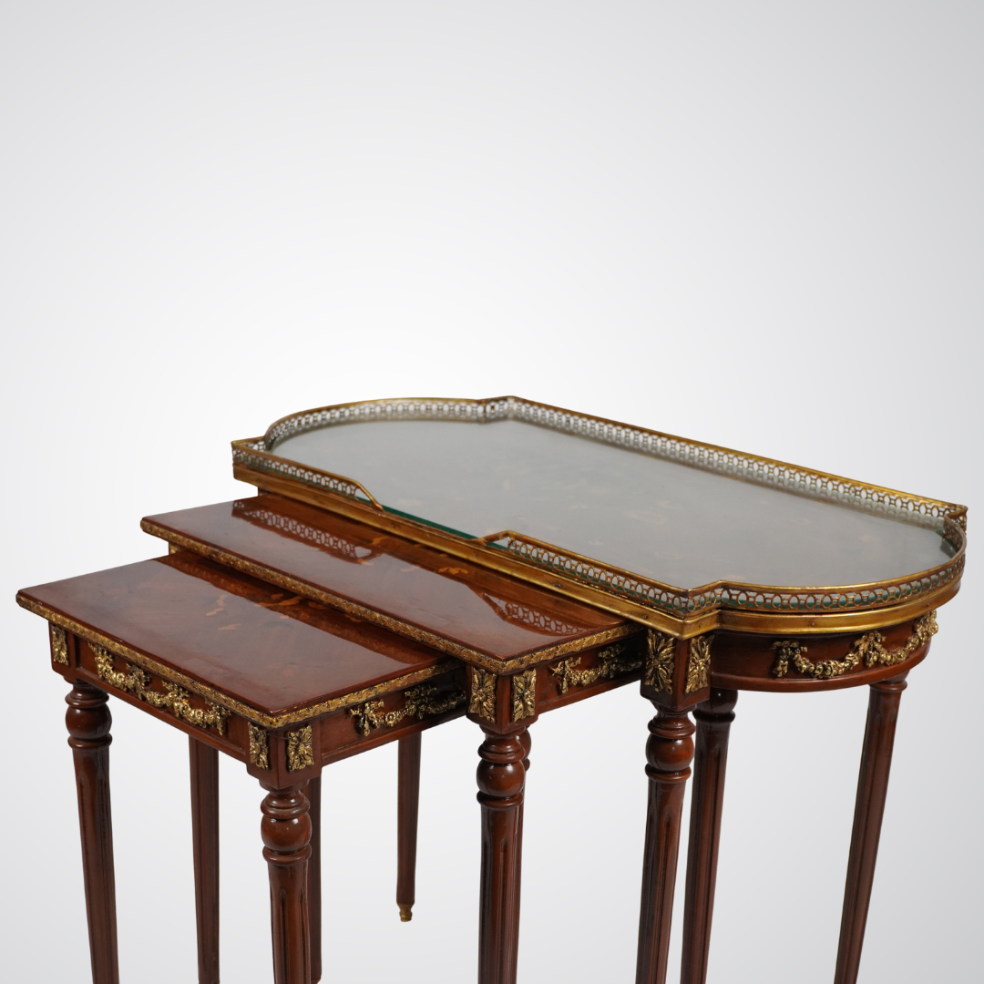 Elegant French Empire Style Nesting Tables with Marquetry and Ormolu Detailing