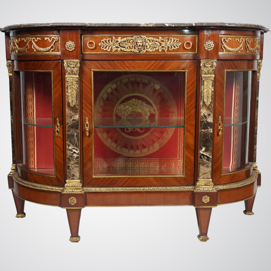 Antique French Display Commode with Red Velvet Backing and Gilt Bronze Ormolu