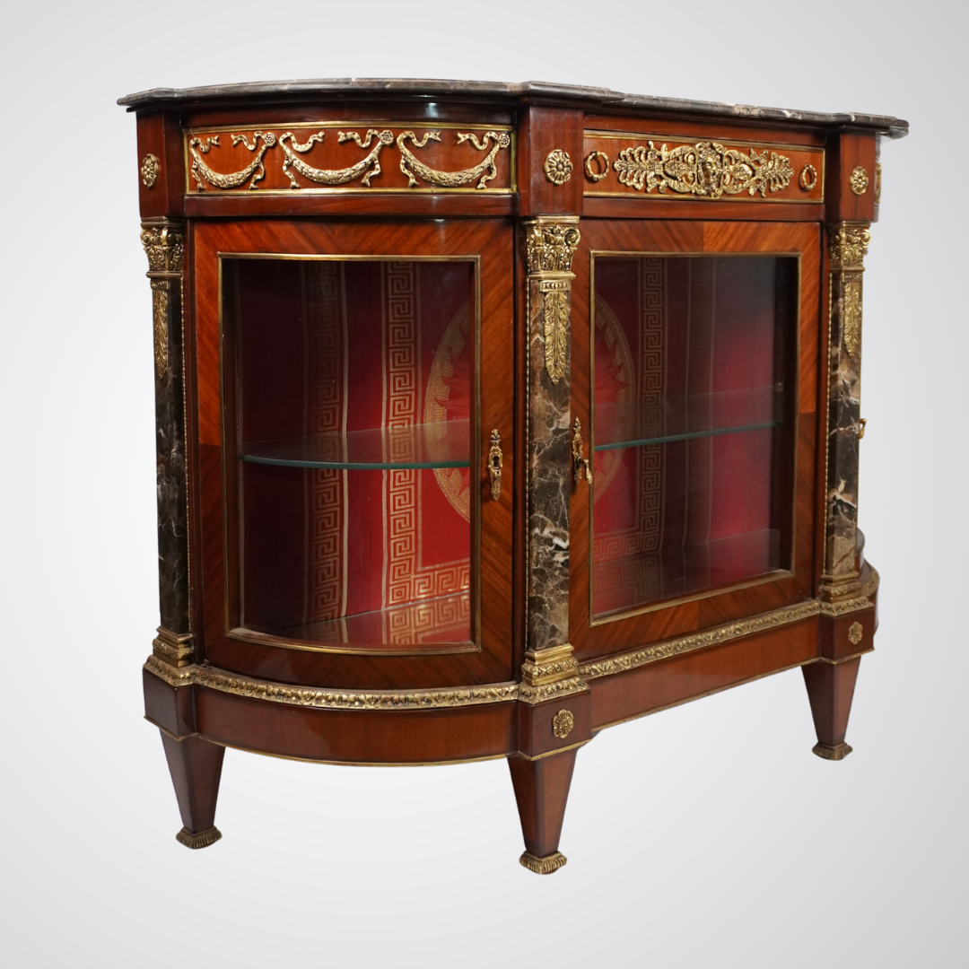 Antique French Display Commode with Red Velvet Backing and Gilt Bronze Ormolu