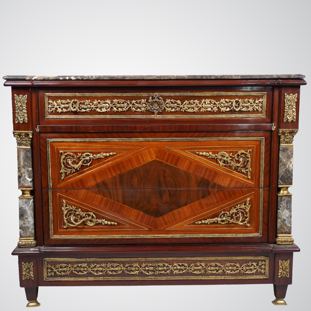 Luxurious Louis XVI Style Commode with Marble Top and Gilt Bronze Detailing