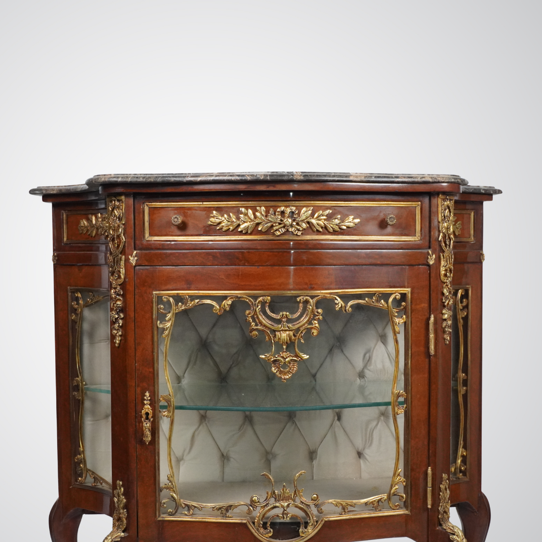 Antique French Louis XV Style Vitrine Cabinet with Marble Top and Gilt Bronze Mounts