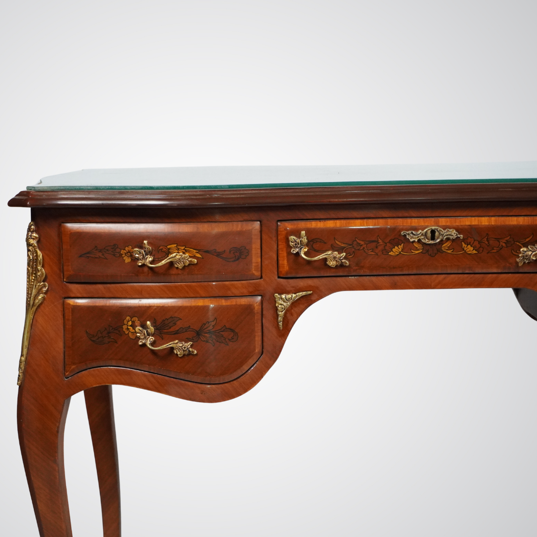 Louis XV Style Inlaid Bureau Plat Desk with Floral Marquetry and Ormolu