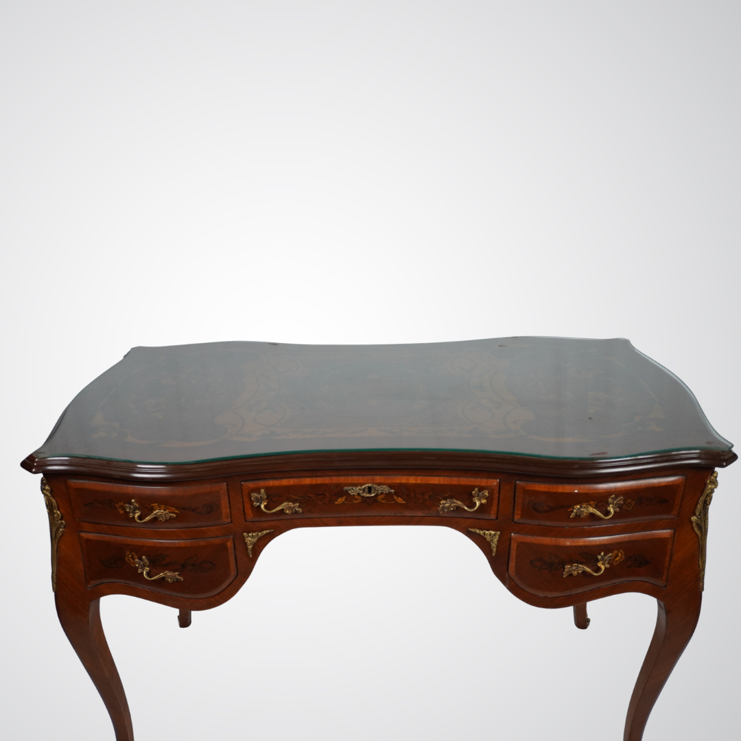 Louis XV Style Inlaid Bureau Plat Desk with Floral Marquetry and Ormolu