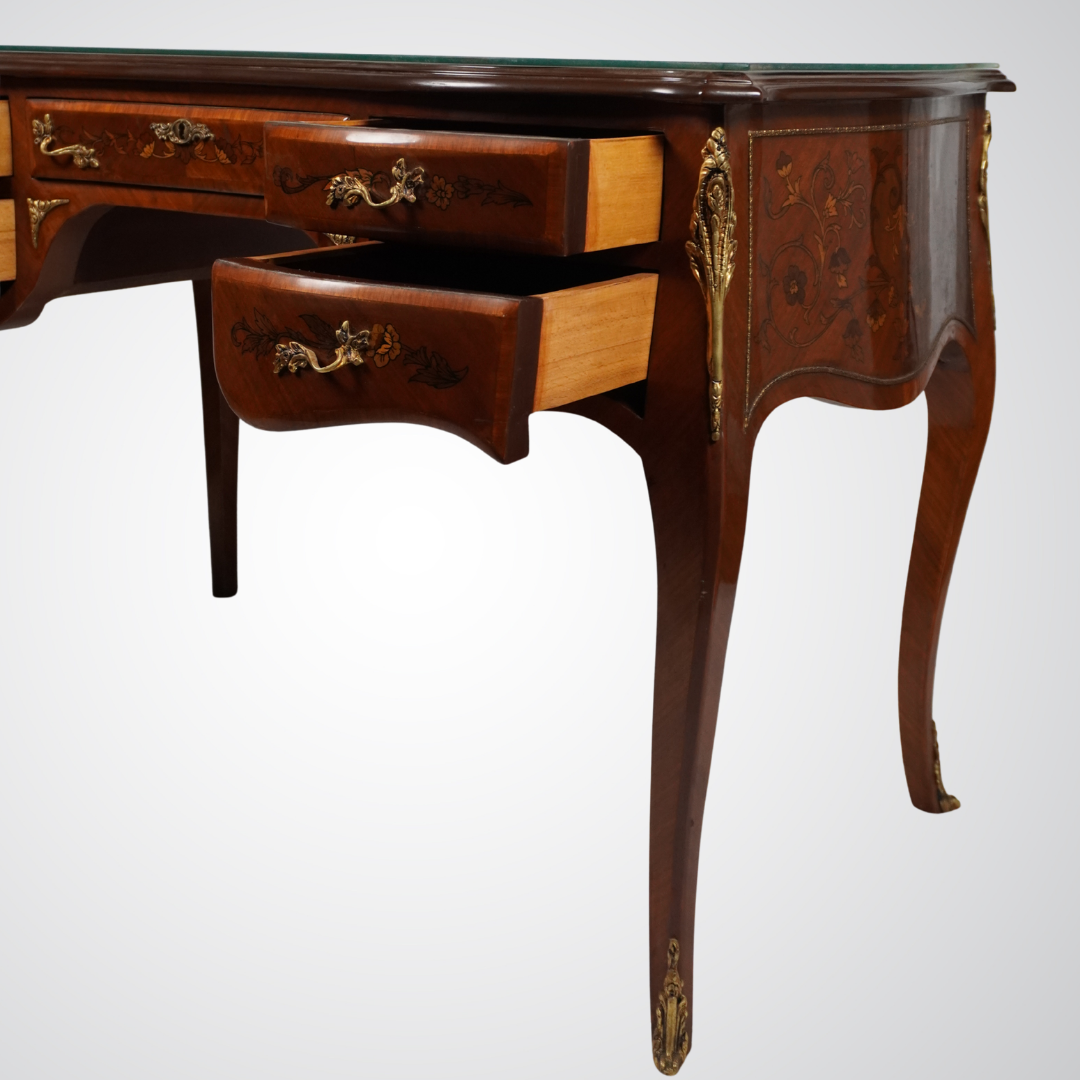 Louis XV Style Inlaid Bureau Plat Desk with Floral Marquetry and Ormolu