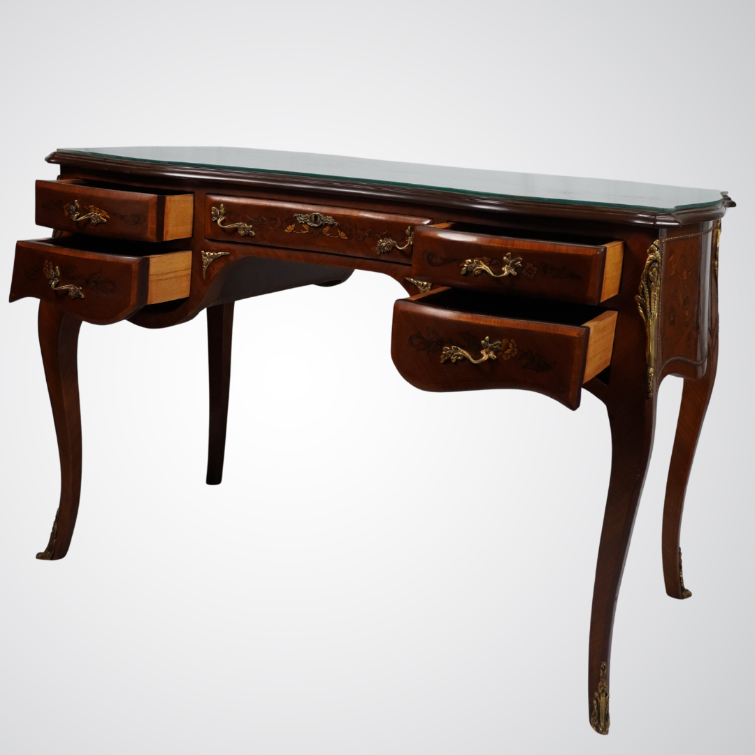 Louis XV Style Inlaid Bureau Plat Desk with Floral Marquetry and Ormolu