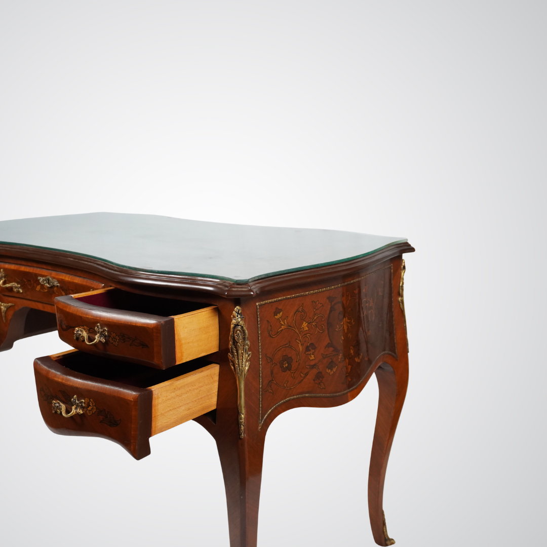 Louis XV Style Inlaid Bureau Plat Desk with Floral Marquetry and Ormolu
