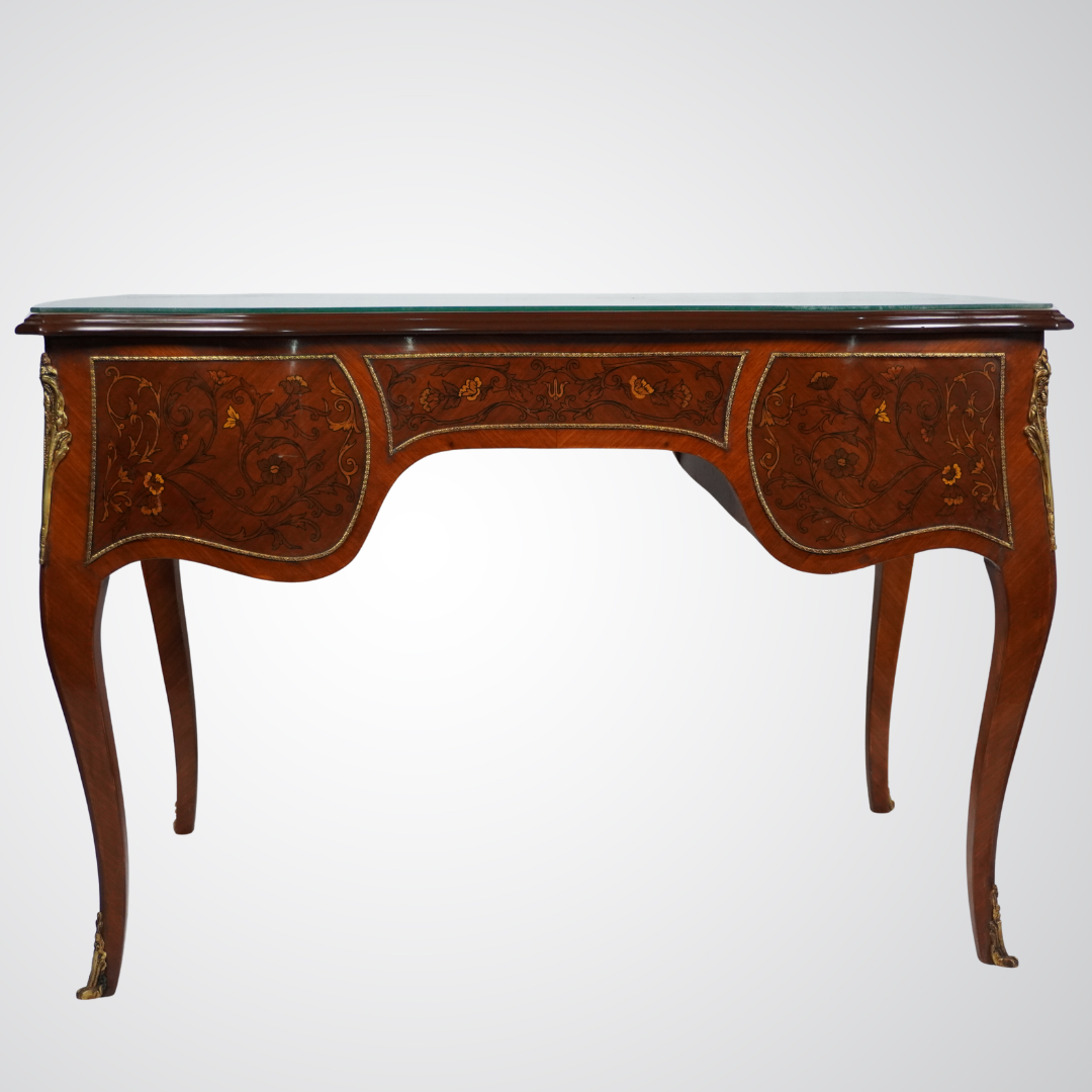 Louis XV Style Inlaid Bureau Plat Desk with Floral Marquetry and Ormolu