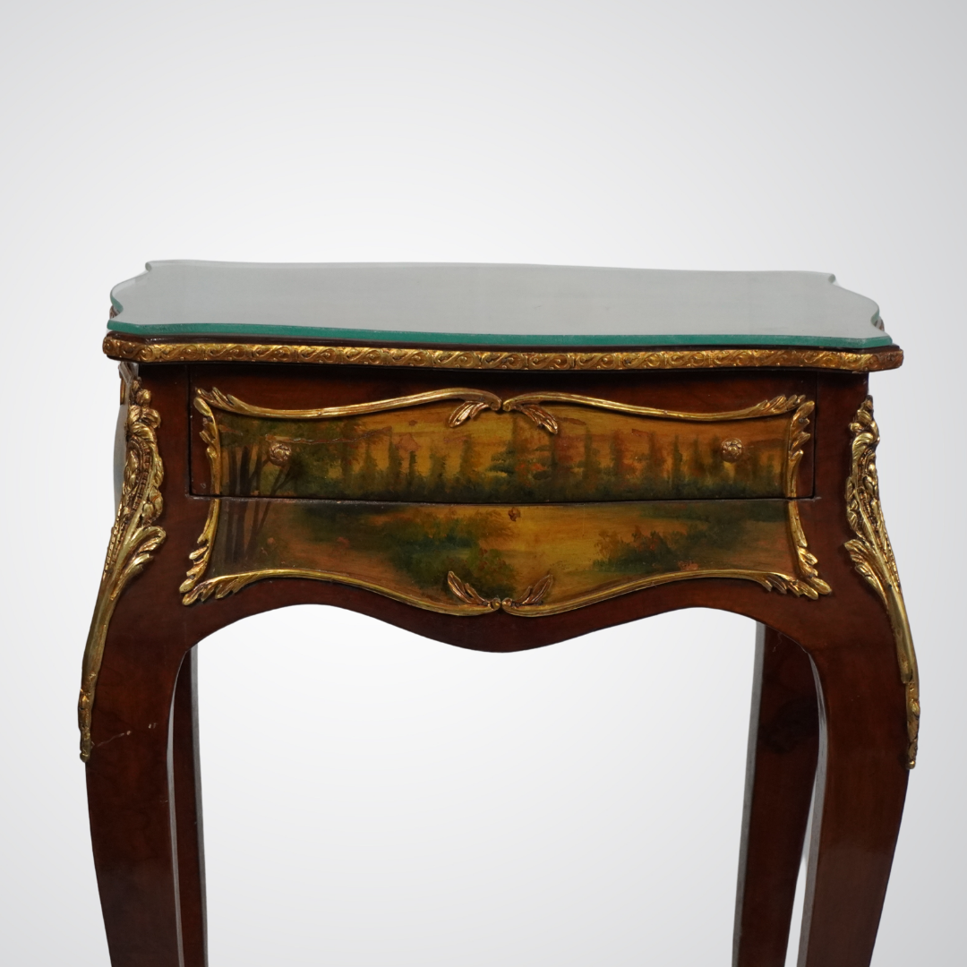 Antique Louis XV Style Inlaid Side Table with Bronze Ormolu
