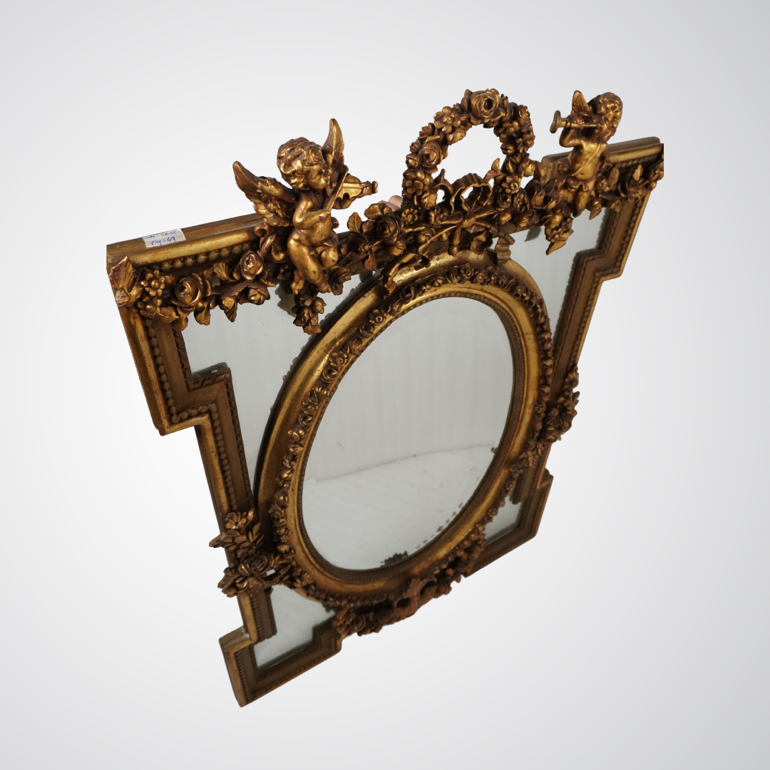Exquisite Antique Gilded Mirror with Oval Center and Cherub Detailing