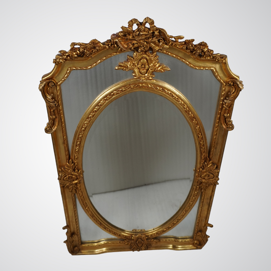 Antique French Giltwood Mirror with Oval Beveled Glass