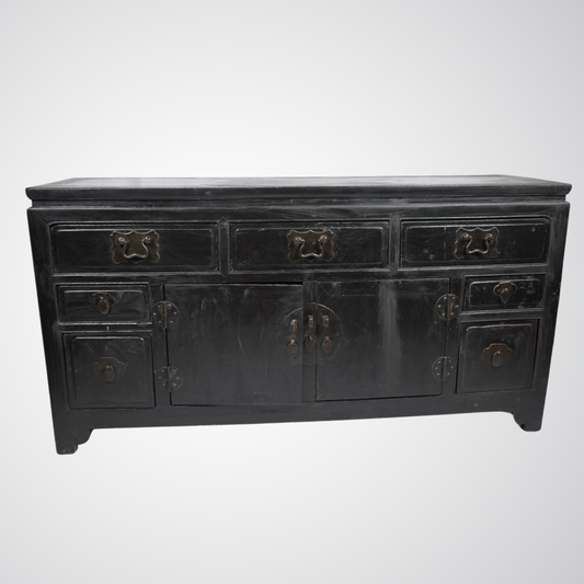 Antique Chinese Black Lacquer Cabinet with Brass Hardware