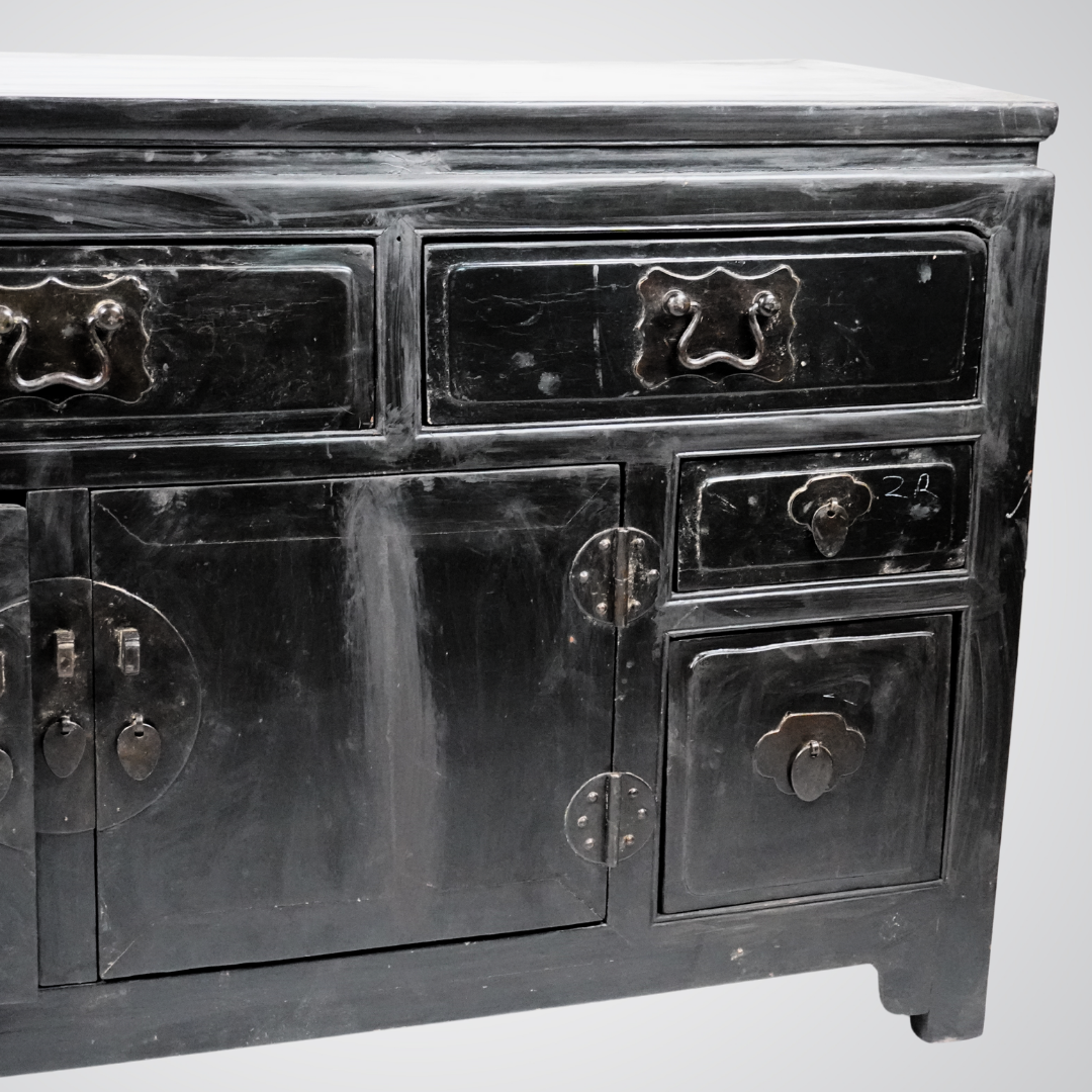 Antique Chinese Black Lacquer Cabinet with Brass Hardware
