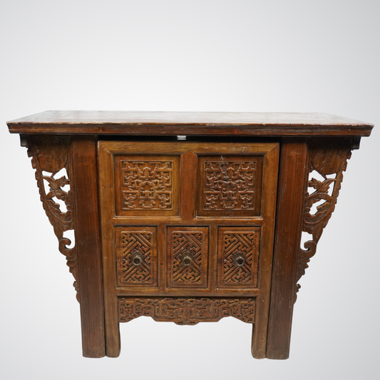 Antique Chinese Carved Wooden Desk with Hidden Chair