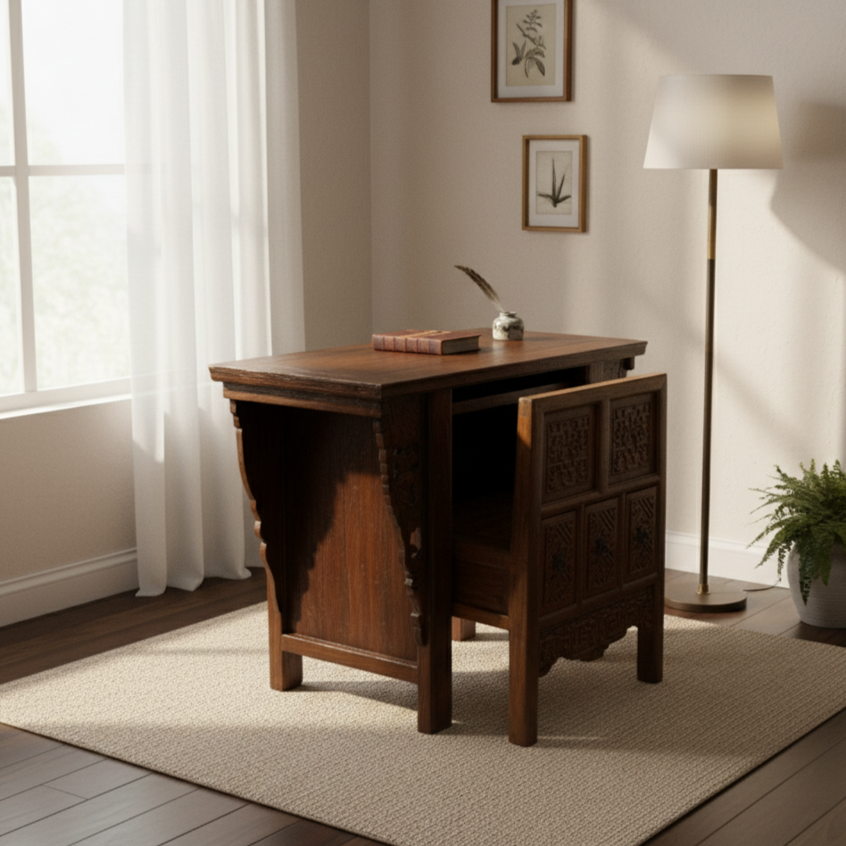 Antique Chinese Carved Wooden Desk with Hidden Chair