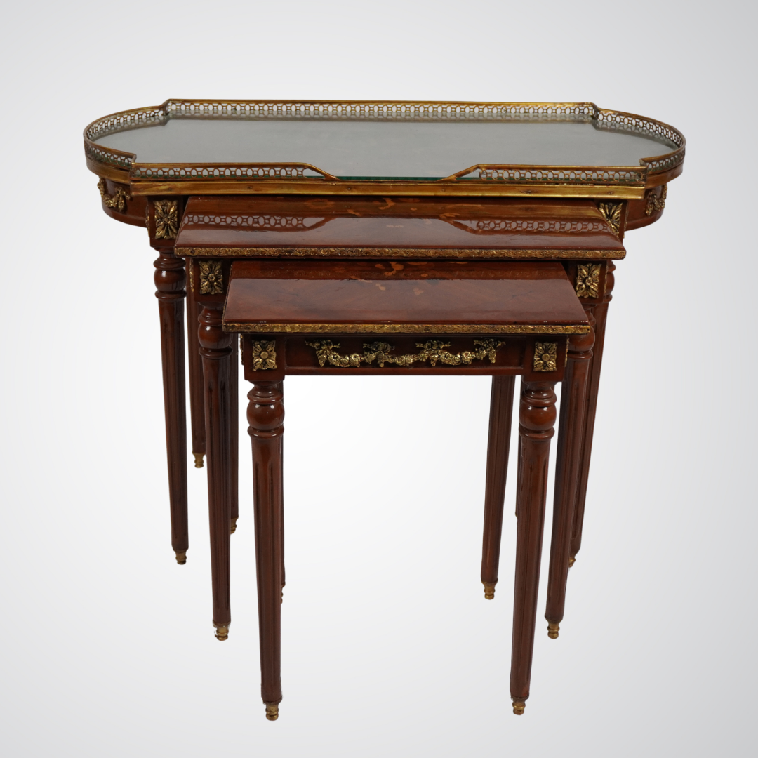 Elegant French Empire Style Nesting Tables with Marquetry and Ormolu Detailing
