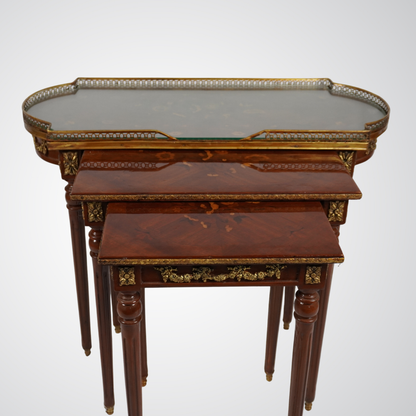 Elegant French Empire Style Nesting Tables with Marquetry and Ormolu Detailing
