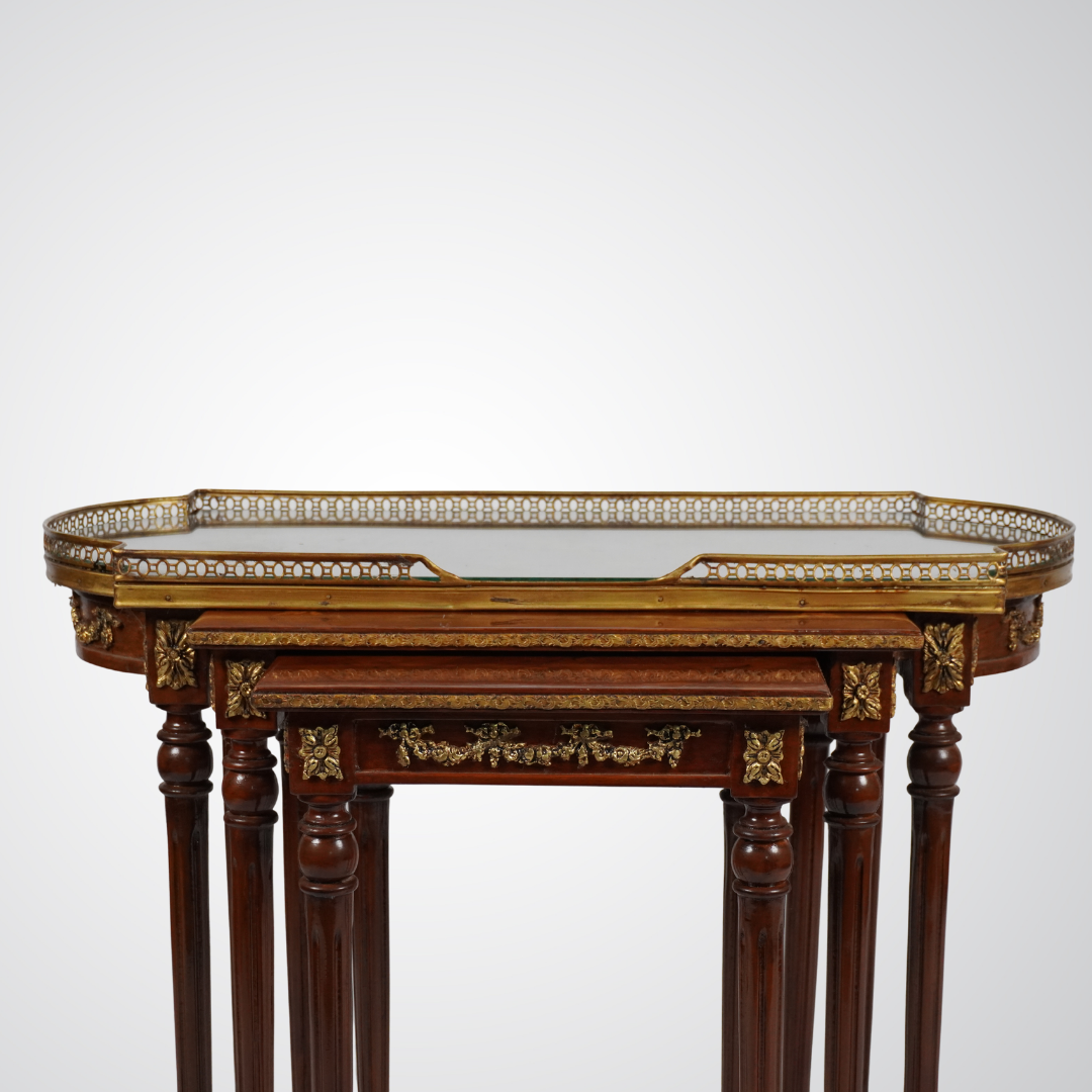 Elegant French Empire Style Nesting Tables with Marquetry and Ormolu Detailing