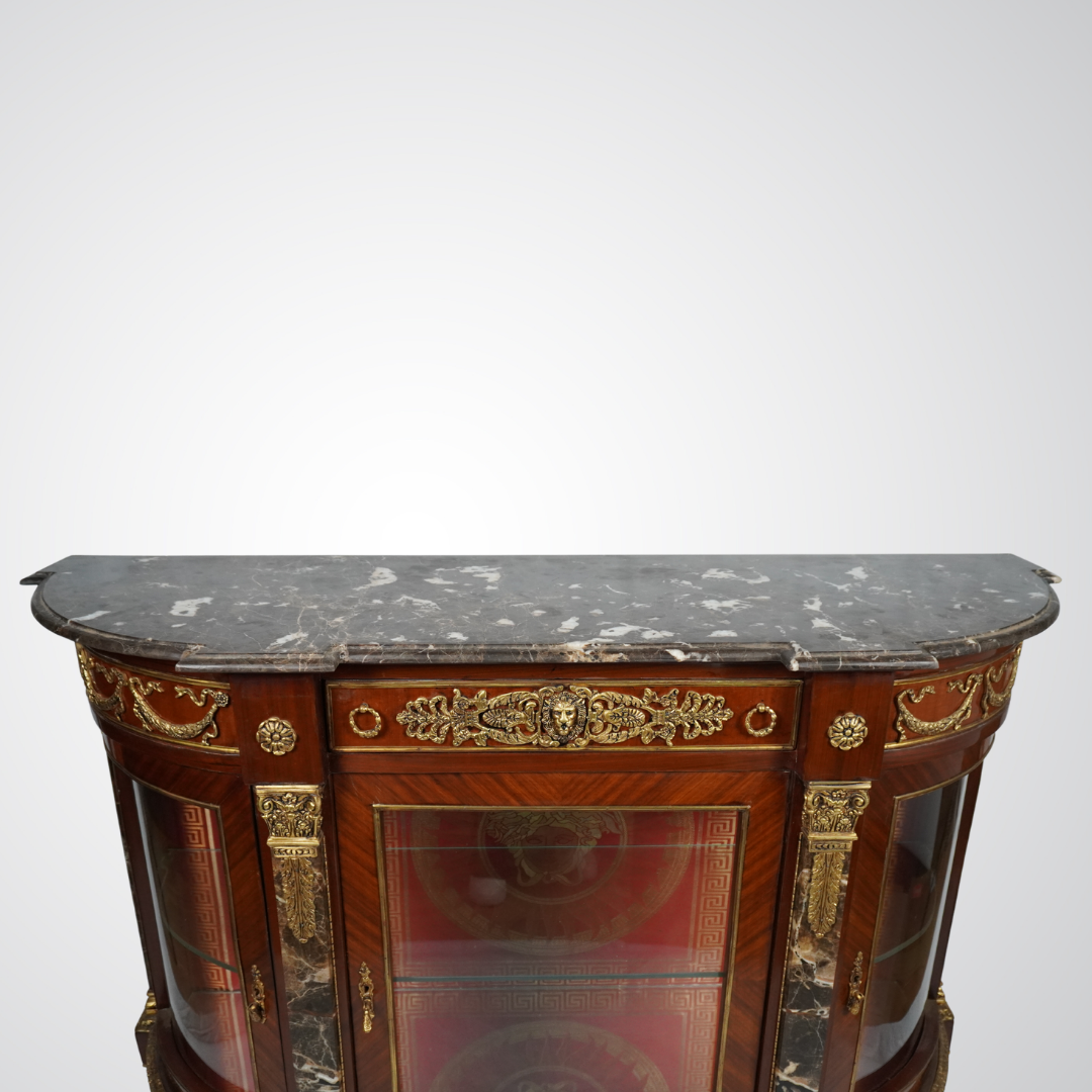 Antique French Display Commode with Red Velvet Backing and Gilt Bronze Ormolu