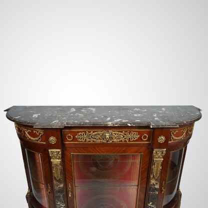 Antique French Display Commode with Red Velvet Backing and Gilt Bronze Ormolu