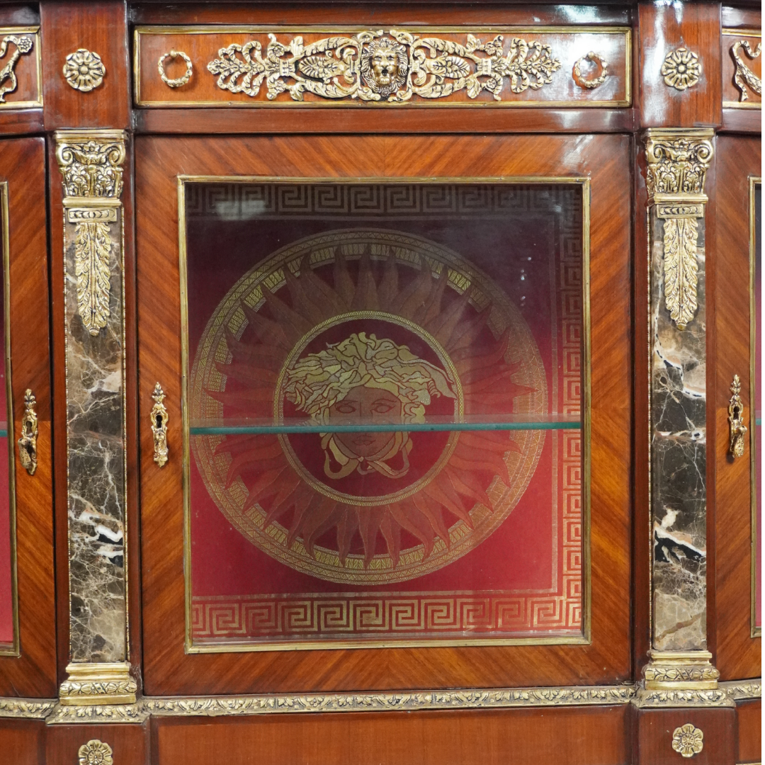 Antique French Display Commode with Red Velvet Backing and Gilt Bronze Ormolu