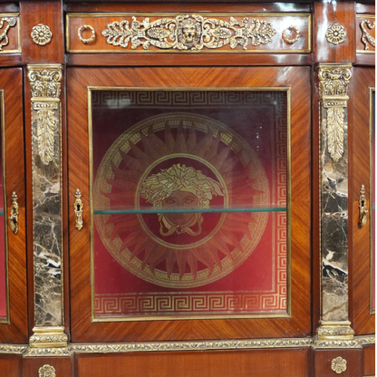 Antique French Display Commode with Red Velvet Backing and Gilt Bronze Ormolu