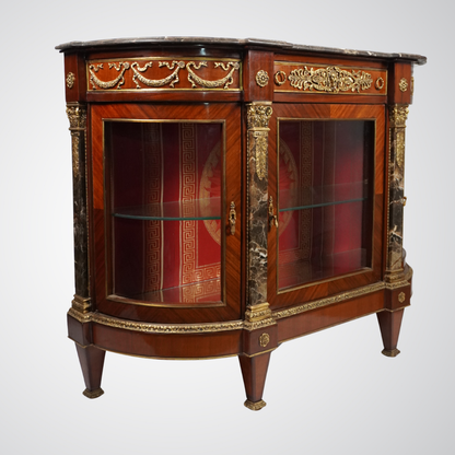Antique French Display Commode with Red Velvet Backing and Gilt Bronze Ormolu