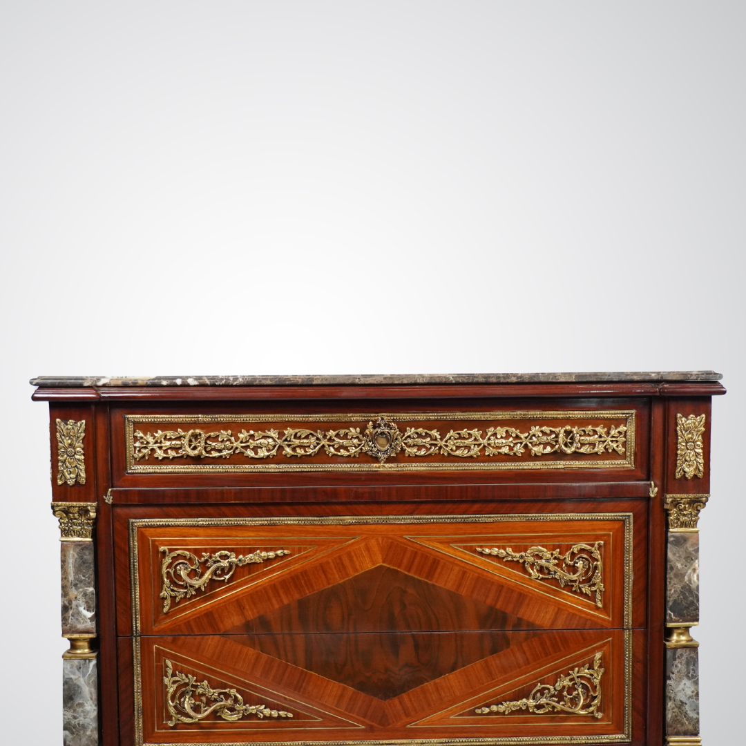Luxurious Louis XVI Style Commode with Marble Top and Gilt Bronze Detailing