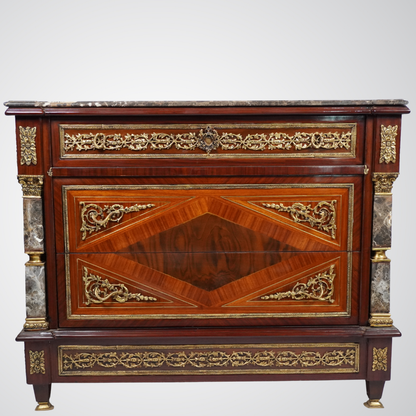 Luxurious Louis XVI Style Commode with Marble Top and Gilt Bronze Detailing