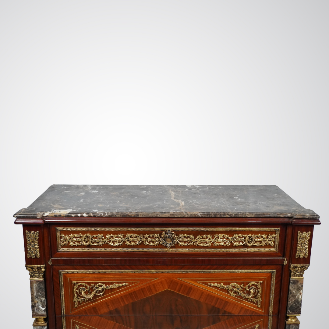 Luxurious Louis XVI Style Commode with Marble Top and Gilt Bronze Detailing