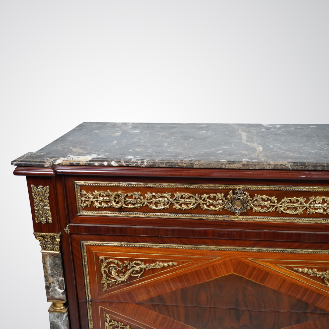 Luxurious Louis XVI Style Commode with Marble Top and Gilt Bronze Detailing