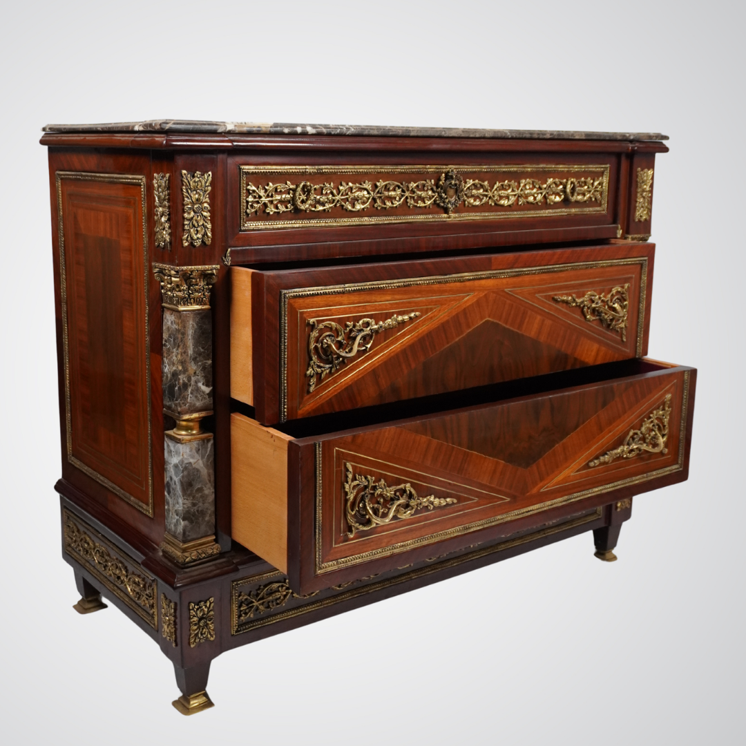 Luxurious Louis XVI Style Commode with Marble Top and Gilt Bronze Detailing