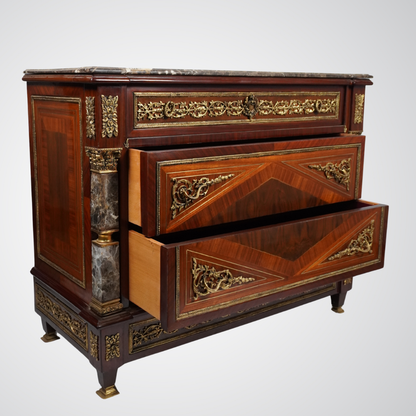 Luxurious Louis XVI Style Commode with Marble Top and Gilt Bronze Detailing