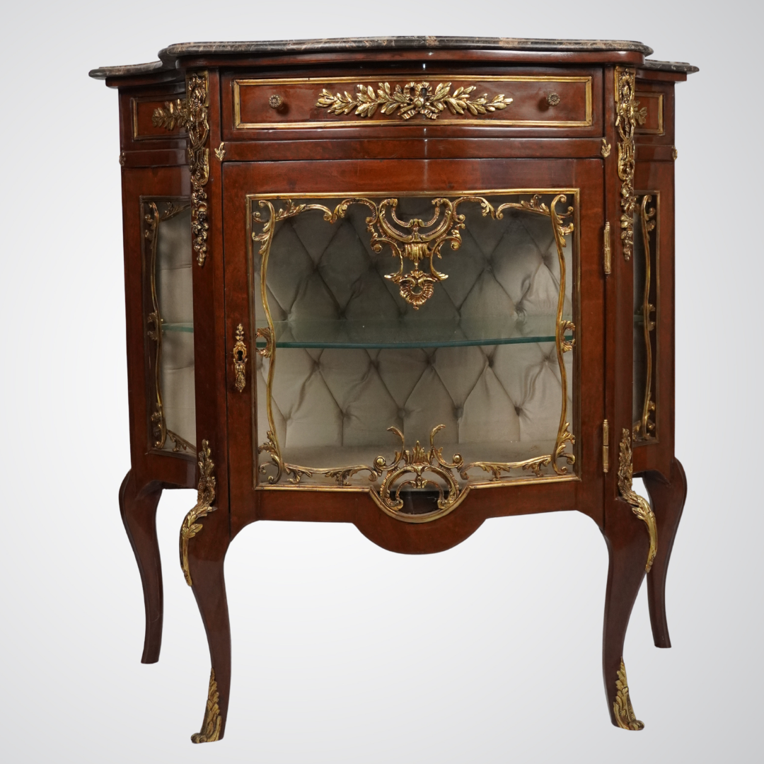 Antique French Louis XV Style Vitrine Cabinet with Marble Top and Gilt Bronze Mounts