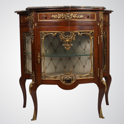 Antique French Louis XV Style Vitrine Cabinet with Marble Top and Gilt Bronze Mounts