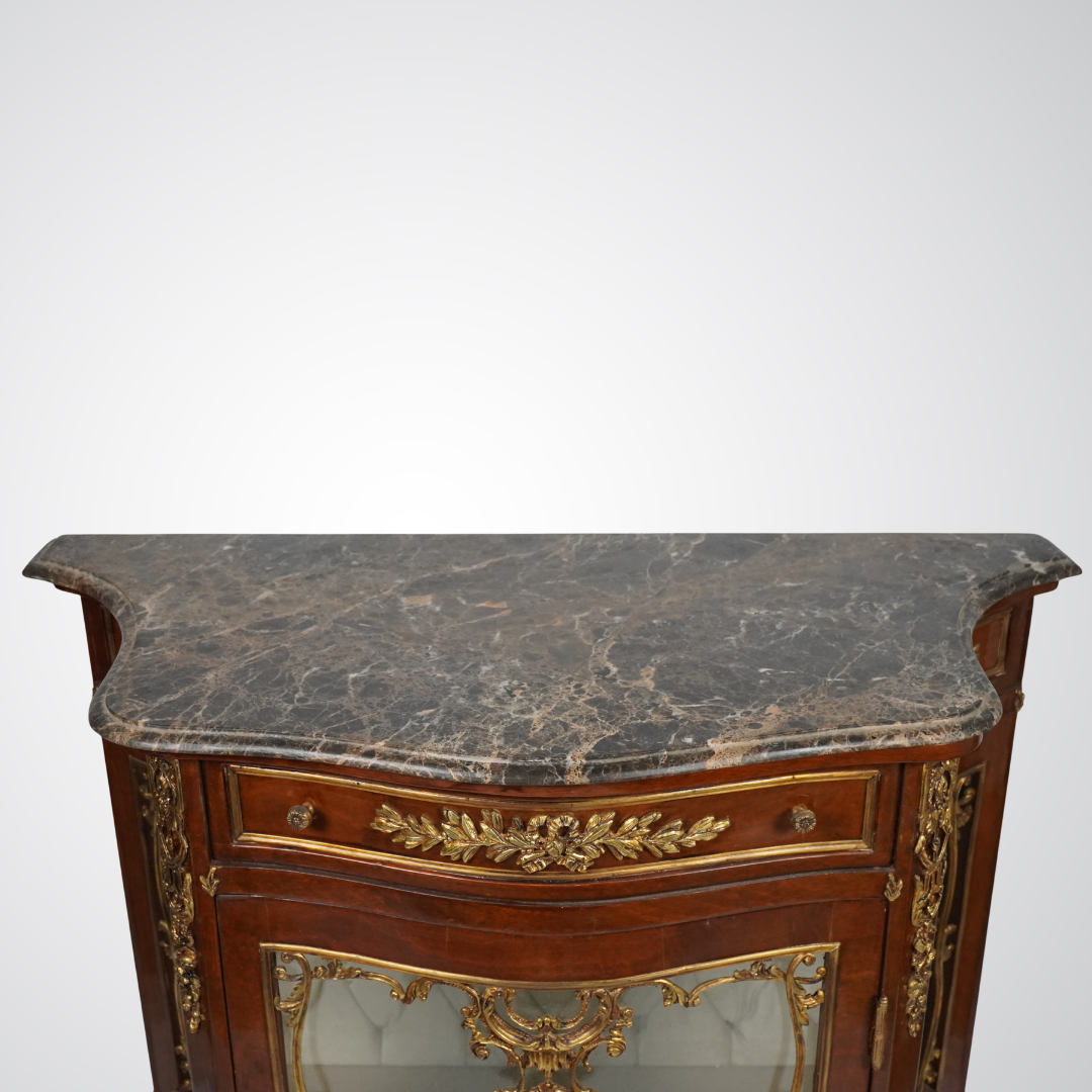 Antique French Louis XV Style Vitrine Cabinet with Marble Top and Gilt Bronze Mounts