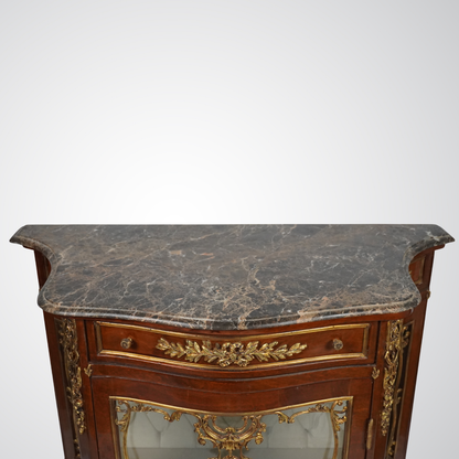 Antique French Louis XV Style Vitrine Cabinet with Marble Top and Gilt Bronze Mounts