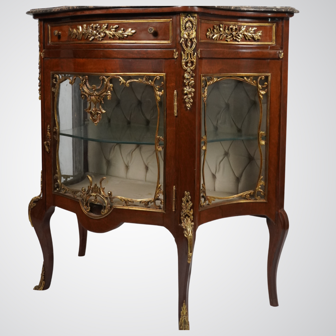 Antique French Louis XV Style Vitrine Cabinet with Marble Top and Gilt Bronze Mounts