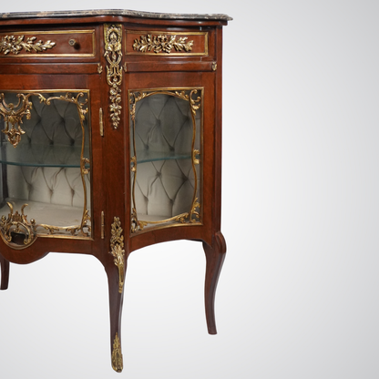 Antique French Louis XV Style Vitrine Cabinet with Marble Top and Gilt Bronze Mounts