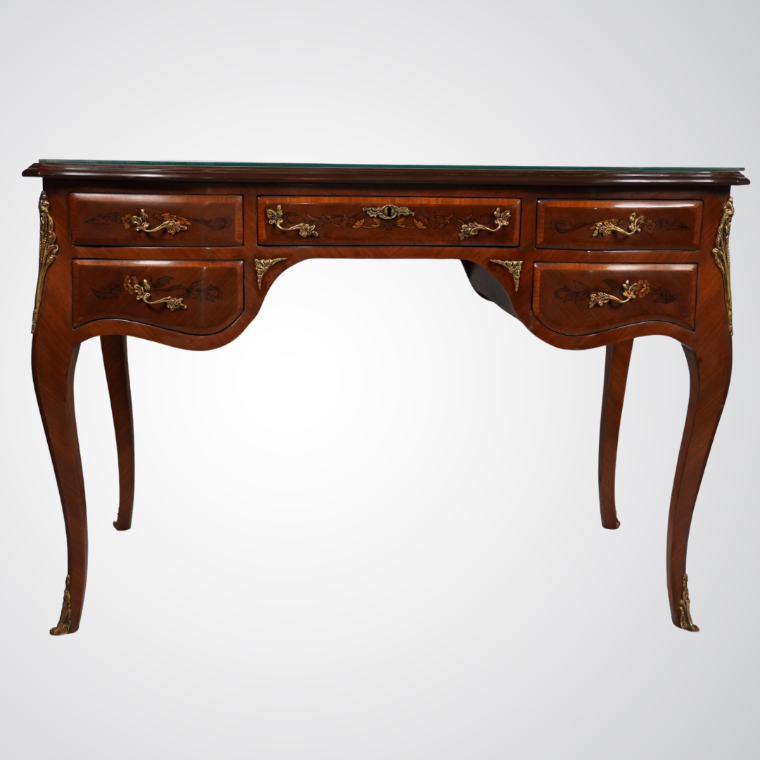 Louis XV Style Inlaid Bureau Plat Desk with Floral Marquetry and Ormolu