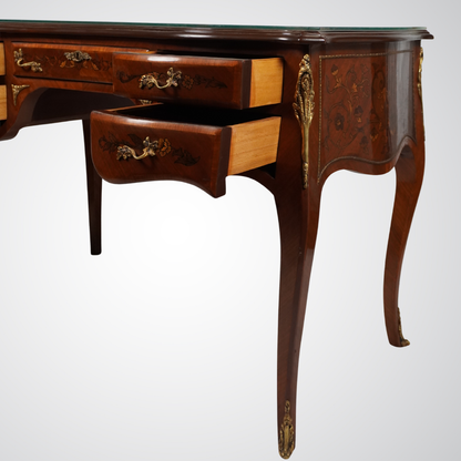 Louis XV Style Inlaid Bureau Plat Desk with Floral Marquetry and Ormolu