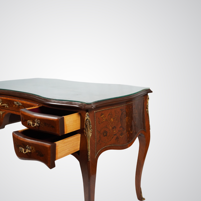 Louis XV Style Inlaid Bureau Plat Desk with Floral Marquetry and Ormolu