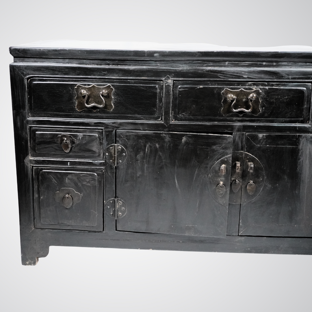 Antique Chinese Black Lacquer Cabinet with Brass Hardware