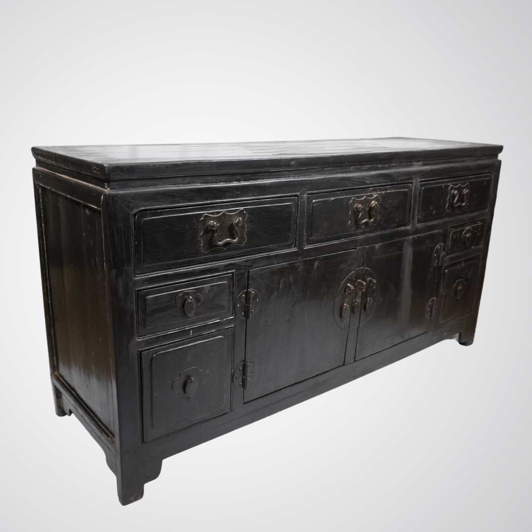 Antique Chinese Black Lacquer Cabinet with Brass Hardware