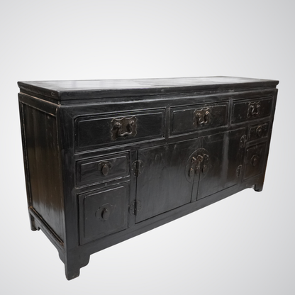 Antique Chinese Black Lacquer Cabinet with Brass Hardware