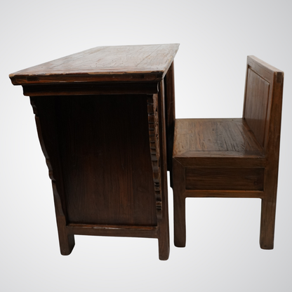 Antique Chinese Carved Wooden Desk with Hidden Chair