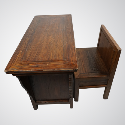 Antique Chinese Carved Wooden Desk with Hidden Chair