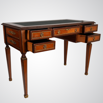Antique Louis XVI Style Leather-Top Writing Desk with Brass Mounts