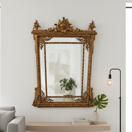Exquisite Rococo Giltwood Wall Mirror with Ornamental Crest