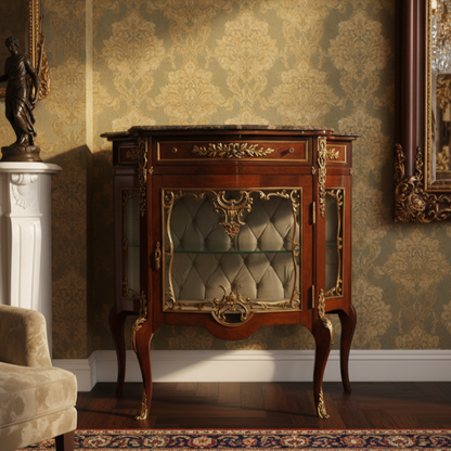 Antique French Louis XV Style Vitrine Cabinet with Marble Top and Gilt Bronze Mounts